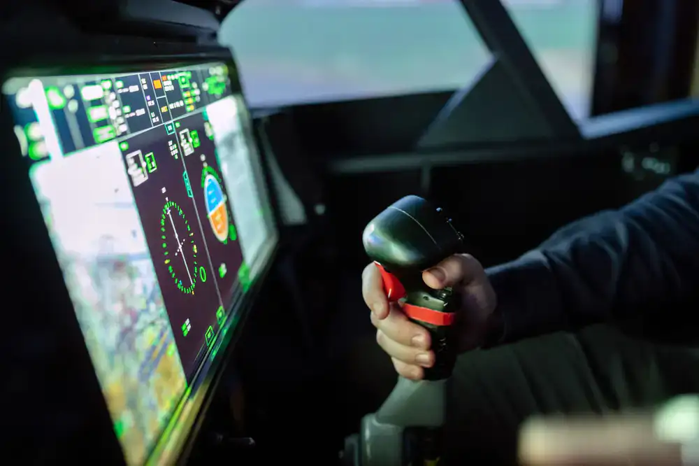Close up view of illuminated virtual simulator instrument panels